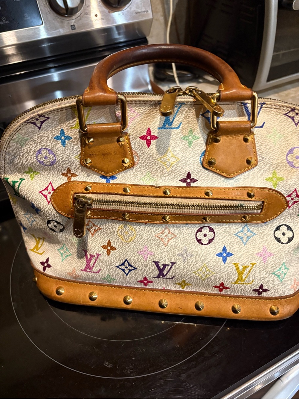 Louis Vuitton White Multicolor Monogram Alma Satchel with Tan Trim